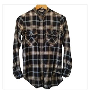 Vince Button Up Long Sleeve Black Blue Checkered Plaid Shirt  Leather Trim Sz 0